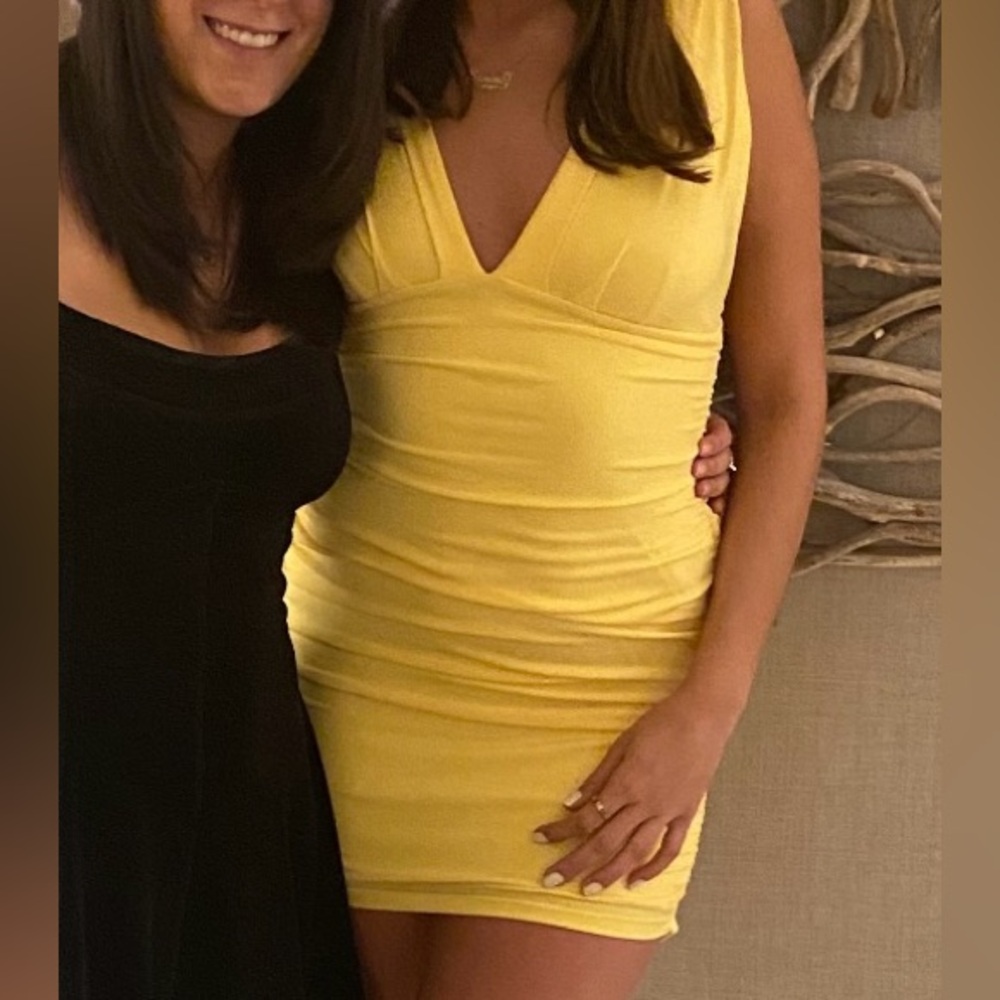 Sabora Yellow Ruched Bodycon Dress Plunge Neckline